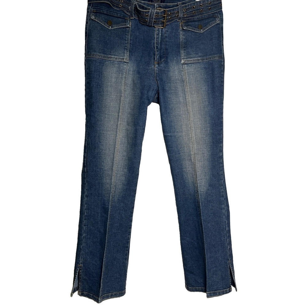 Vintage Crest Jeans Womens 15/16 Flare‎ Y2K Patch Pocket Grommet Belt Split Hem